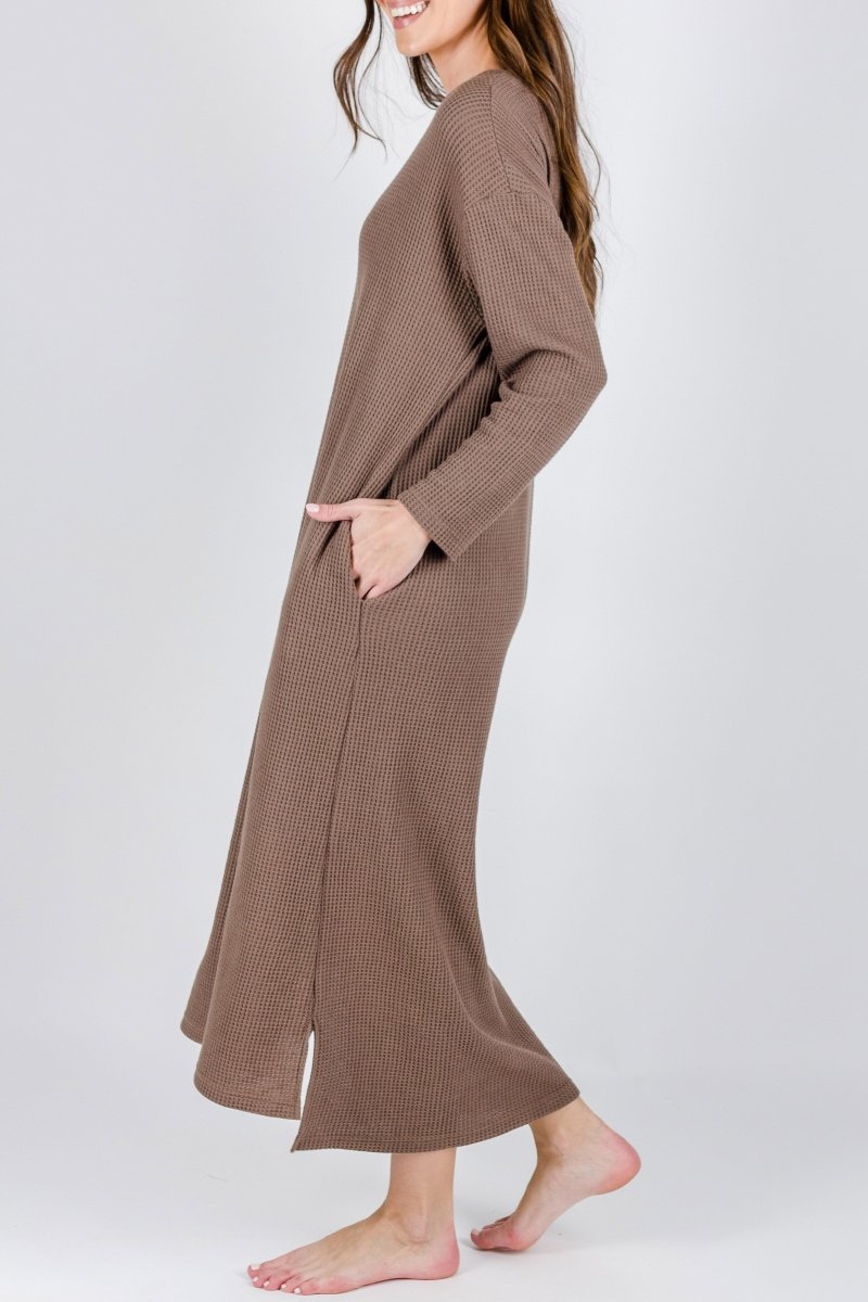 REESE DRESS WAFFLE Long Sleeve (BROWN) - Dress - Yakira Bella