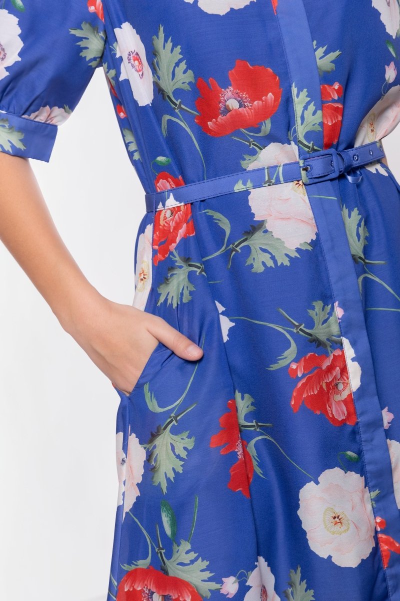 blue dress red flowers Blue And Red Floral Printed V Neck Zig Zag Pleated Midi Dress AX Paris