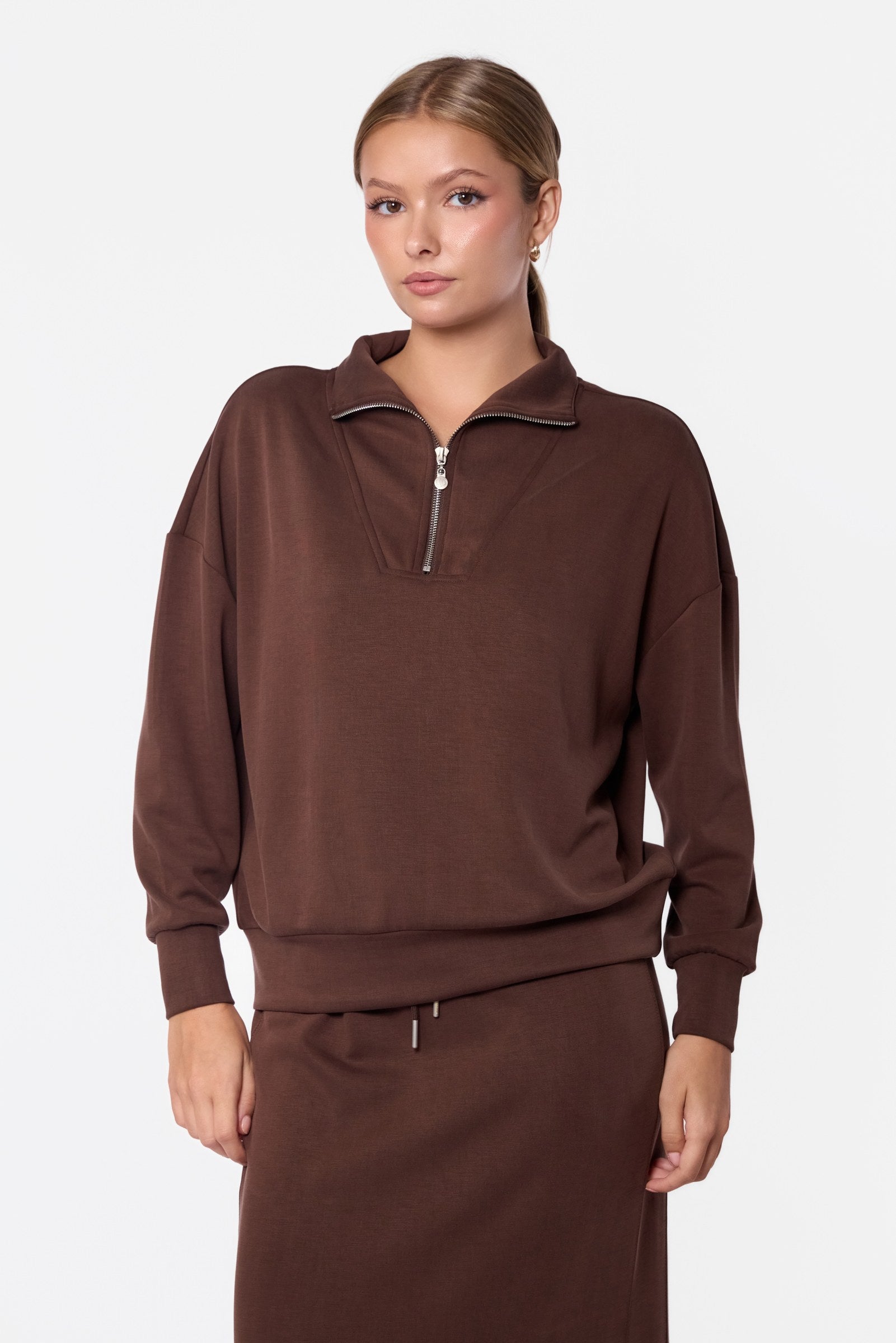 Mina Half Zip Top (Dark Brown)