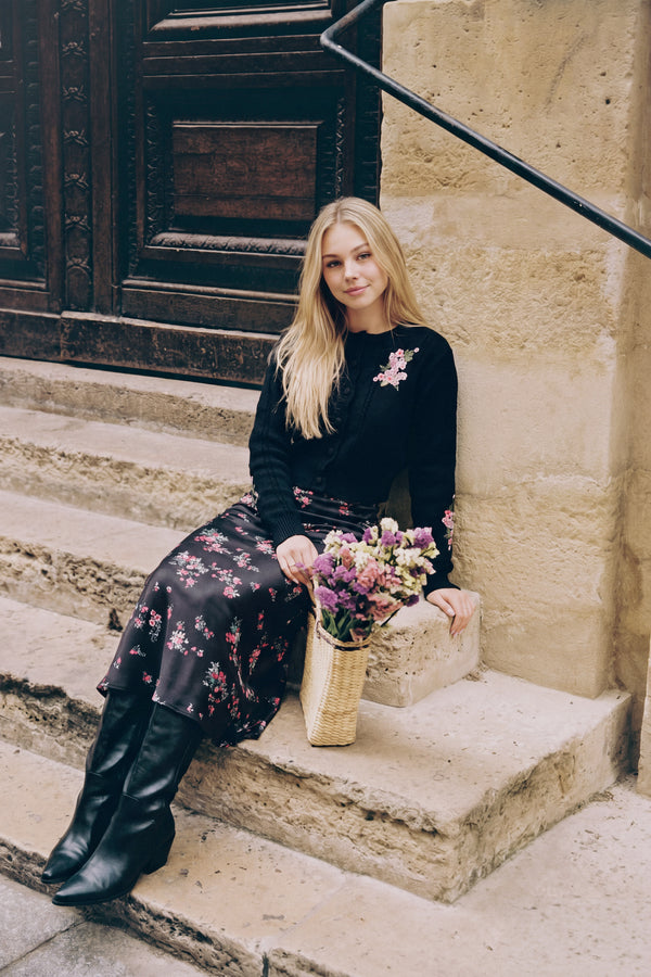 Rossi Cardigan (Black) + Dakota Skirt (Black Pink Flower)