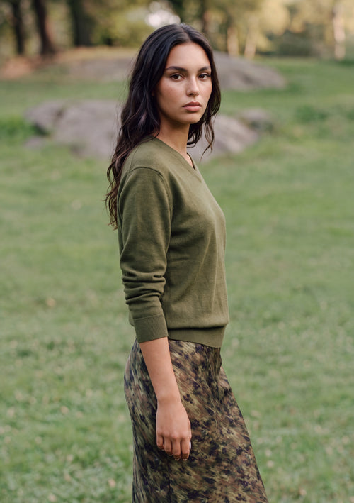 Priya Top (Olive) + Elenia Skirt (Dark Green Pattern)