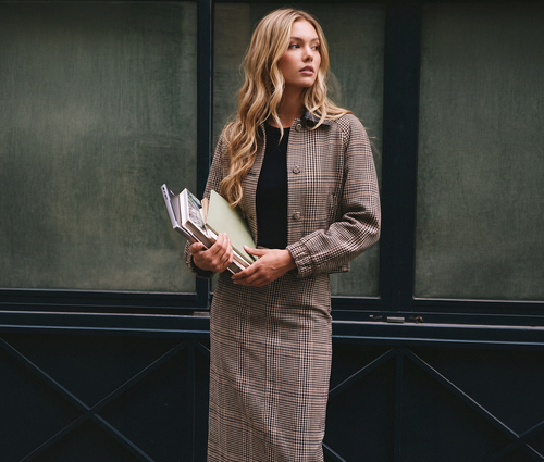 Merlin Jacket (Brown Plaid) + Delia Skirt (Brown)