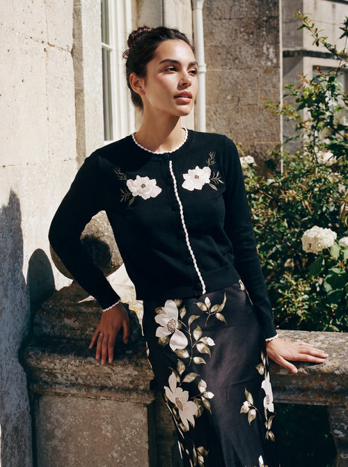 Cerina Cardigan (Black) + Dakota Skirt (Black Pink Flower)